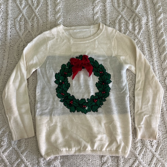 Cute White Christmas Sweater with Wreath and Holly design in white and green - Picture 1 of 8